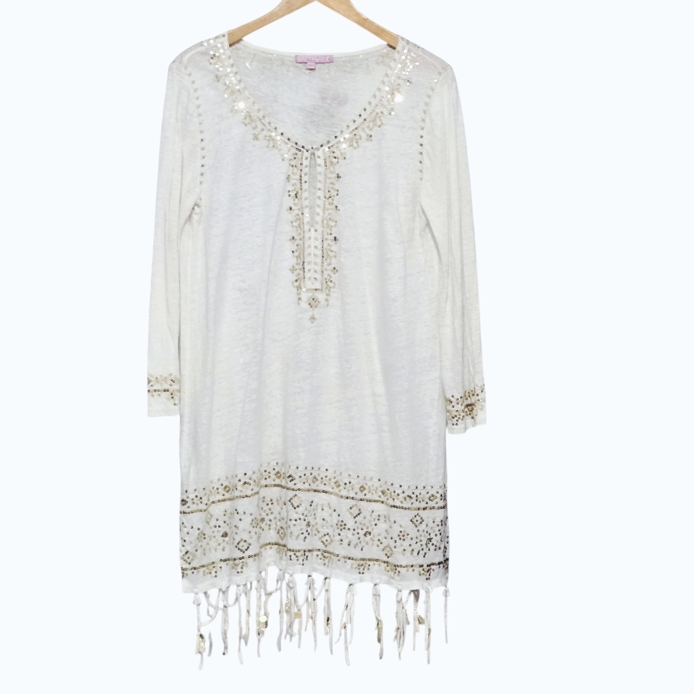 EUC Calypso St. Barth White Embellished Fringe Swim Coverup
